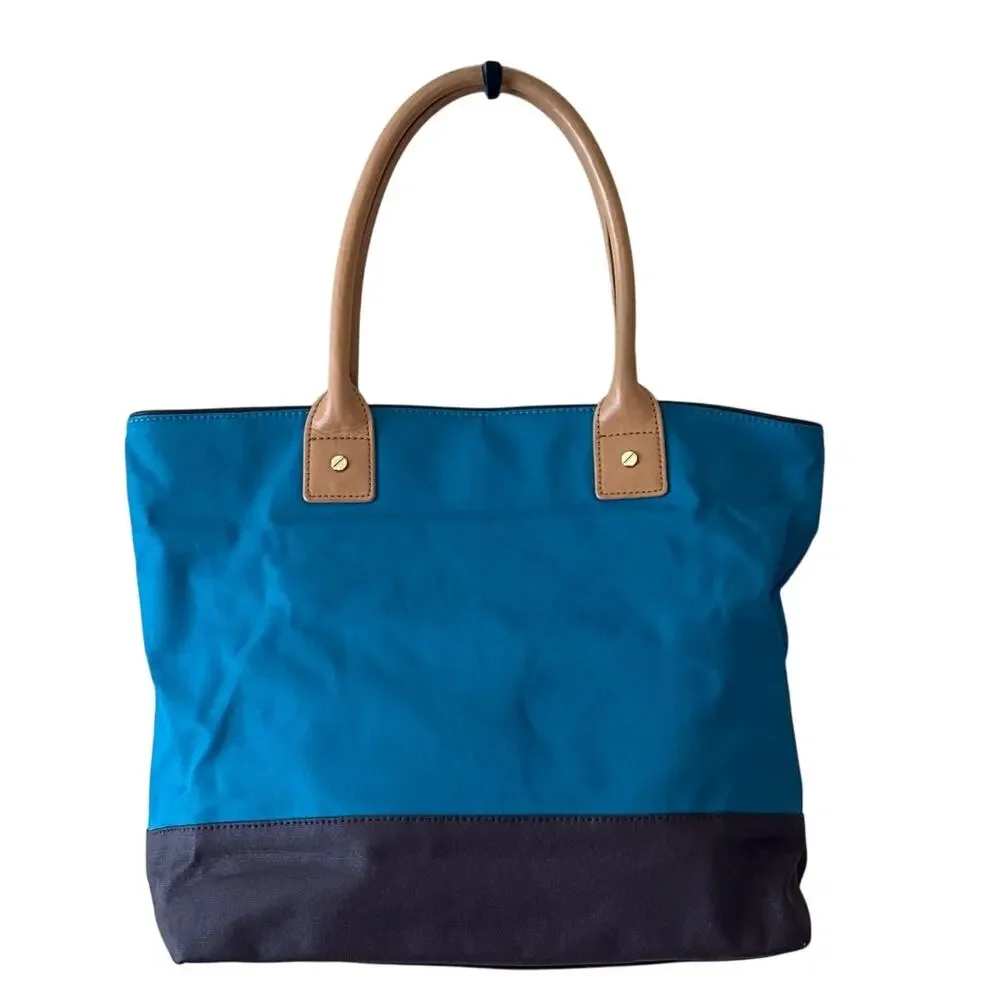 Tory Burch Jaden Tote Blue Canvas Coconut Tan Leather Shopper Bag